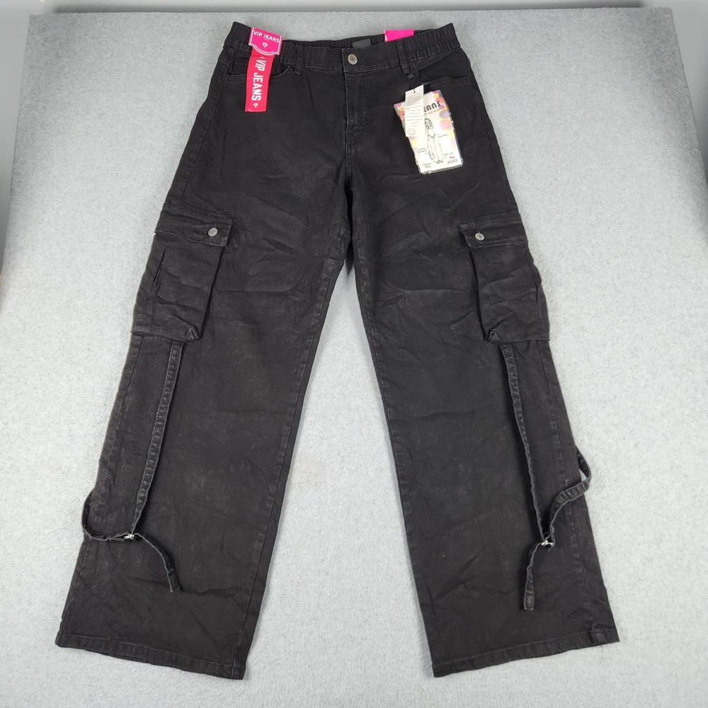 VIP Jeans Baggy Womens 15 Black Cargo Pocket Wide Leg Low Rise Sculpting Stretch